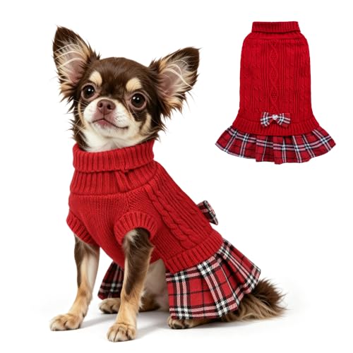 Small Dog Sweater Dress with Bowtie Turtleneck (X-Small (2-5lbs) / Red)