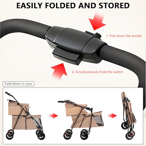 Double Pet Stroller for Medium Small Dogs and Cats Easy (Brown)