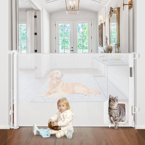 Retractable Baby Gates with Cat Door 80" Wide Retractable Dog Gate with Pet Door Outdoor Retractable Gate for Dogs Retractable Pet Gate with Door Mesh Baby Gate Retractable Mesh Dog Gate (White / 33" X 80"（With Cat Door ）)