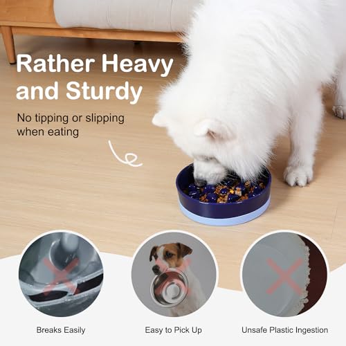 Ceramic Slow Feeder Dog Bowls for Medium Large Breed (Large-9.5 inches / Blue)