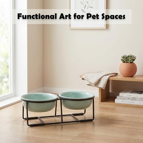 Ceramic Elevated Dog Bowl Set (Green / S × 2)