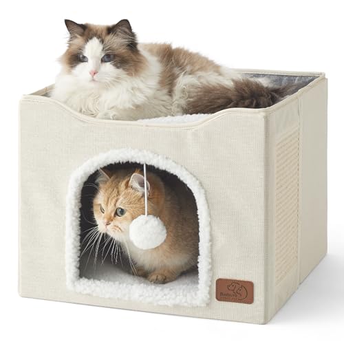 Cat House Bed for Indoor Cats with Fluffy Ball and Scratch Pad (Ivory / Single)