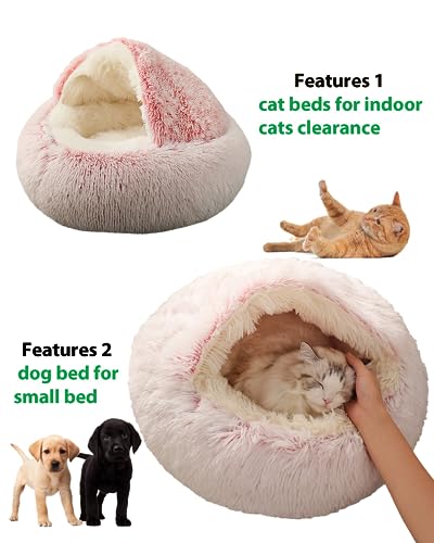 Cozy Cat Bed Round Plush Fluffy Hooded Cave (23.0"L x 23.0"W x 6.0"Th / pink)