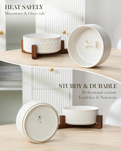 Dog Bowl Set Ceramic Bowls with Walnut Wood Stand (Five-leaf Grass+Honeycomb / 4 Cups)