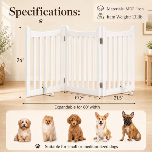 Freestanding Wooden Dog Gate (White / 60″ W × 24″ H)