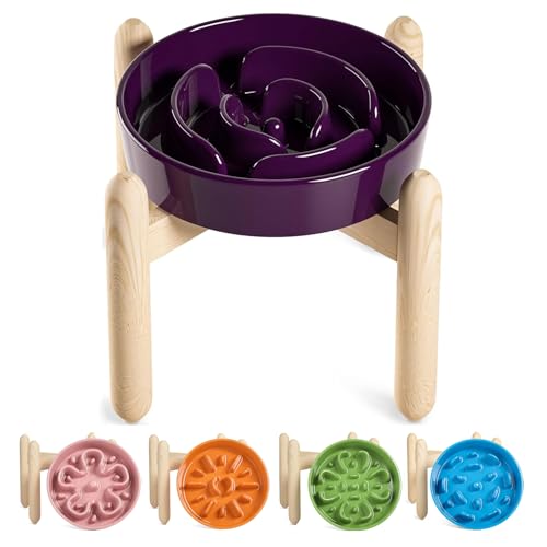 Ceramic Slow Feeder Dog Bowls Elevated (Maze Purple+Stand / L-3 Cups)