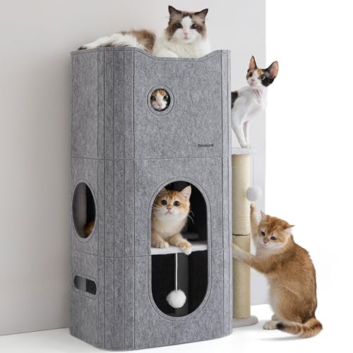 3 Level Cat Tree for Indoor Cats with Scratching Post (Grey / 3-Level)
