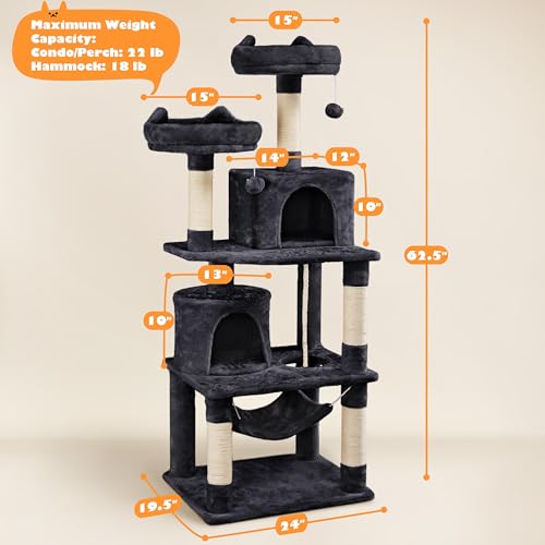 62.5inches Cat Tree Cat Tower Cat Condo with Platform & Hammock (62.5in / Black)