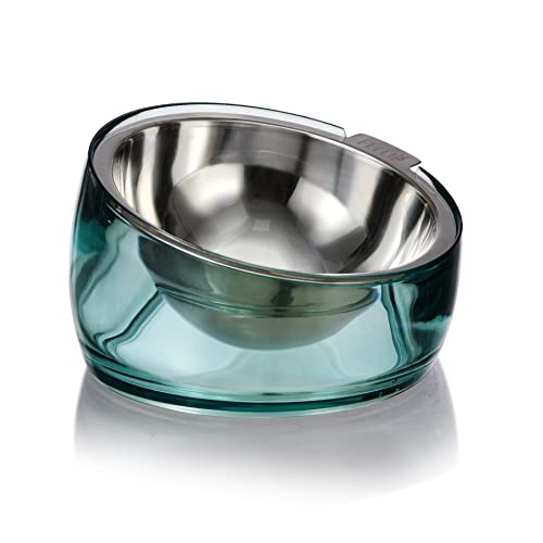 Pet Oblik Acrylic Raised Dog Food Water Bowl Stainless Steel Slanted Oval Dish for Short Leg Puppy & Small Medium Pet (Classic / 1.5 Cups Oval Dish)