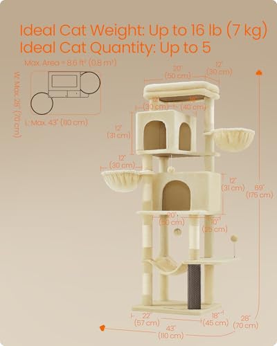Cat Tree, 69-in Large Cat Tower, Multi-Level Condo, Sand Beige (Sand Beige)