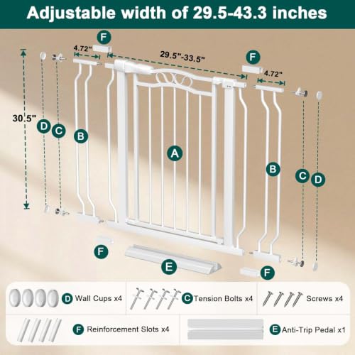29.5" 43.7" Extra Wide Baby Gates No Drill Pet Gate for Doorways (White / 29.5"-43.3")