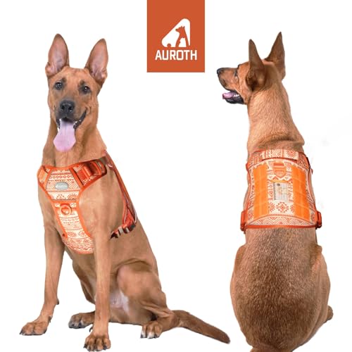 Tactical Dog Harness for Large Dogs (Tribal Patterns-Orange / XL(Neck:20-31",Chest:26-42"),75-135 lbs)
