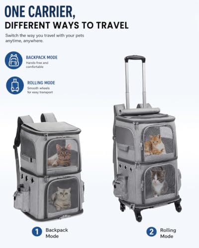 Double Compartment Cat Carrier Backpack with Wheels for Two Pets (14.6"L x 11.2"W x 21.6"H / Grey)