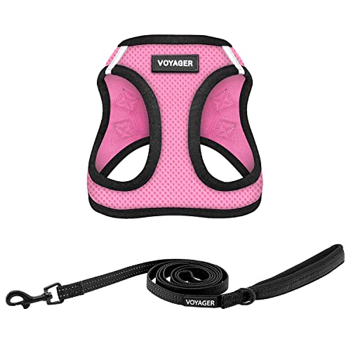 Voyager Step in Air All Weather Mesh Harness and Reflective Dog 5ft Leash Combo with Neoprene Handle (Pink/Black Trim / XXS (Chest: 12 - 13.5"))