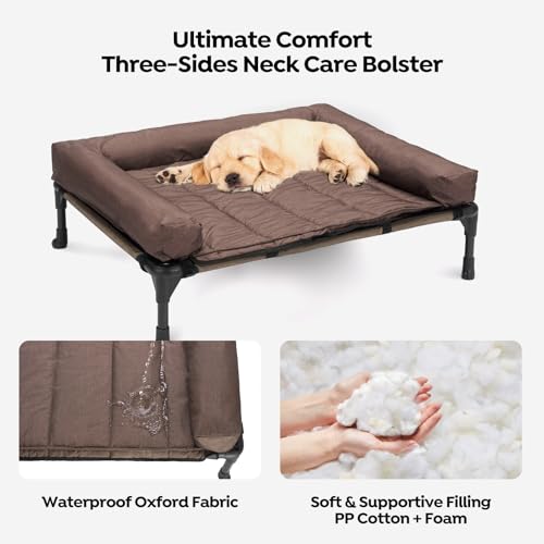 Outdoor Elevated Dog Bed with Waterproof Bolster Cushion (Brown / 32.0"L x 25.0"W x 7.0"Th)