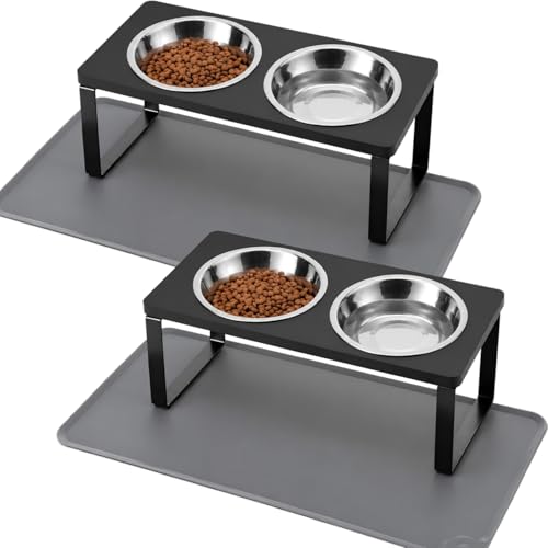 2Pack Elevated Cat Bowls with Food Mat