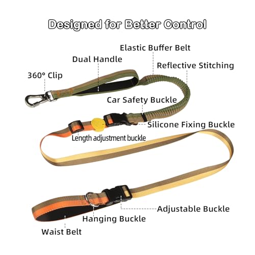 Hands Free Dog Leash with Waist Belt for Running & Walking (Golden Olive)