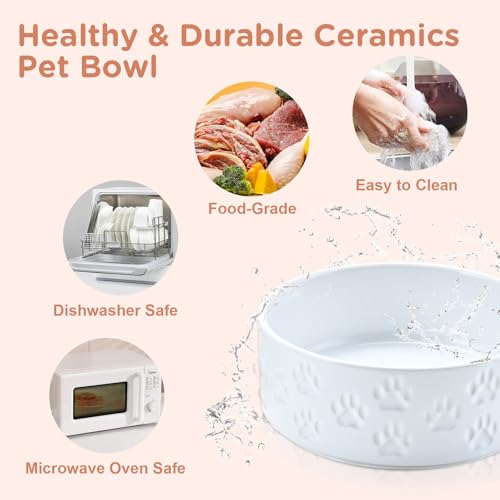 Ceramic Dog Bowls 2 Pack (8.3 in - 7.6 cups / Paw White - Only Bowls*2)