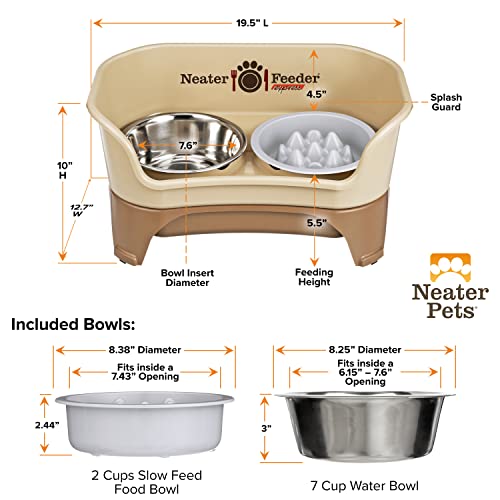 Express Mess Proof Dog Bowls Elevated for Medium and Large Breed (Medium to Large w/ 9 Peak Slow Feed Bowl / Cappuccino)
