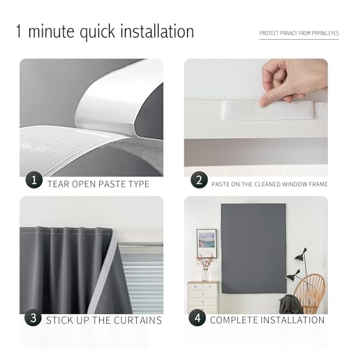 Magic Tape Stick On Curtains Window Shades Pull Down Blackout Window Cover Blackout Curtains for Bedroom No Drillng Self Adhesive Curtains No Rod Small Window (59"W x 84"L (Pack of 2) / Grey)