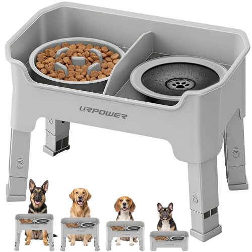 Mess Proof Elevated Dog Bowls 4 Height Adjustable Raised Stand (Light Grey / Large)