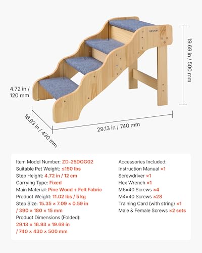 Wood Pet Stairs (Wood Color+Blue / 4-Step Fixed)