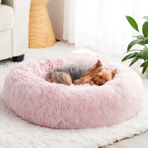 Medium Pink Round Calming Dog Bed Cat Bed for Comfy Sleep (27"L x 27"W x 10"Th / light pink)