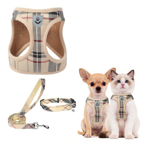 Dog Harness Collar and Leash Set No Pull for Small Medium Sized (Beige / XXS (CHEST 11.5"-13"))