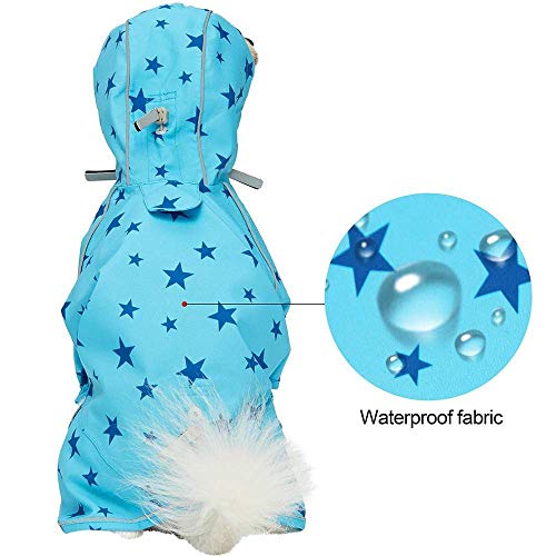 10" Star Prints Lightweight Reflective Waterproof Dog Raincoat with Hood & Harness Hole (10 Inch / 2-legged - Blue, Star Prints)
