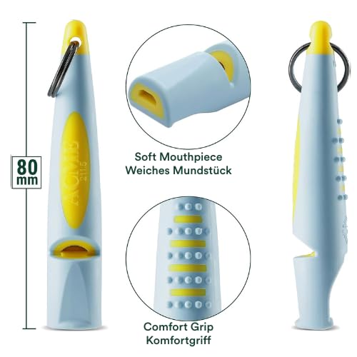 Alpha 210.5 Professional Dog Training Whistle with Lanyard. Enhanced Ergonomic Grip. BPA (Baby Blue on Yellow/Black)