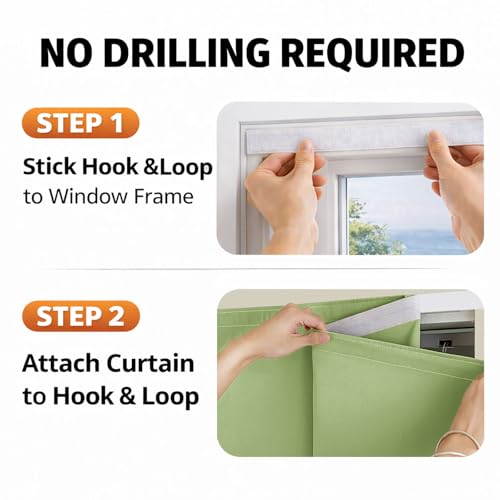 Magic Tape Stick on Curtains Blackout Curtains for Bedroom no Drillng Self Adhesive Curtain no Rod Small Window (Green / 59"W x 79"L (Pack of 2))