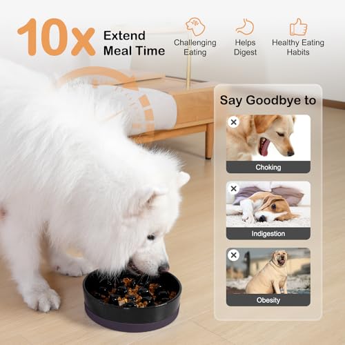 Ceramic Slow Feeder Dog Bowls for Medium Large Breed (Large-9.5 inches / Black)