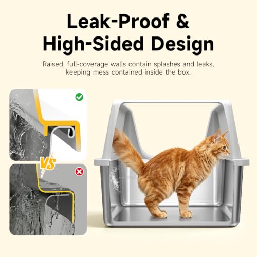 XL Open Top Stainless Steel Litter Box with High Sides (Gray-1Pack)