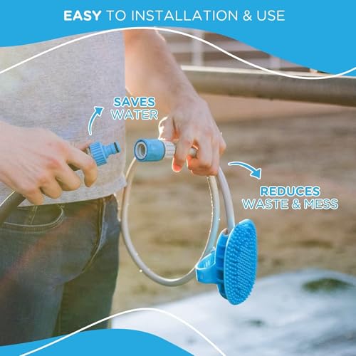 5-in-1 Horse & Dog Bath Brush & Curry Comb - XL Blue Silicone - Includes 3-ft Shower Hose Attachment & Adapter - Adjustable Spray Scrub Massager - Great for Horses & Big Dogs (X-Large)
