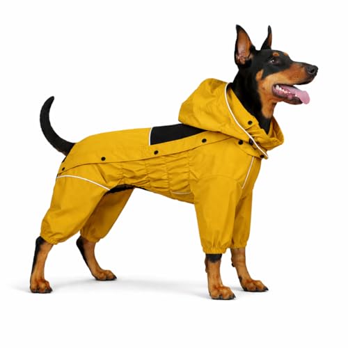 Fleece Lined Dog Raincoat with Removable Hood (Mustard Yellow Fleeced / 4XL (Back 23.5"))