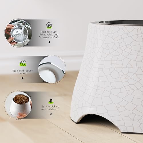 Elevated Dog Bowls with Stainless Steel Bowl (White-Crackle / L/3 Cups)