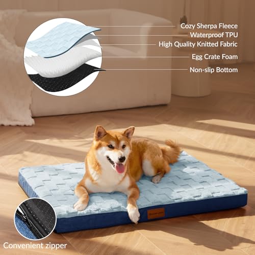 Orthopedic Large Dog Bed Washable Pet Crate Mat 36''X24'' Blue (Blue / 36"L x 24"W x 3.5"Th)