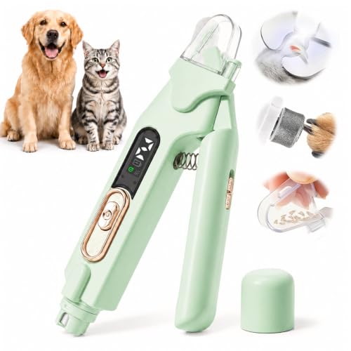 2-in-1 Dog Cat Nail Clippers & Grinder with LED Light, Pet Nail Trimmer with Splash Guard & Safety Lock, 2 Speeds USB Rechargeable Quiet Paw Nail Cutter for Large Medium Small Dogs Cats (Green)
