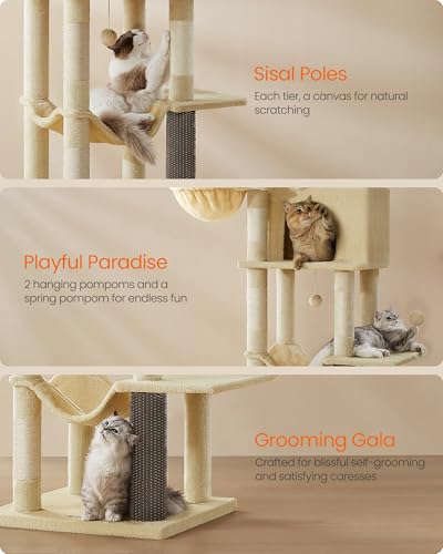 Cat Tree, 69-in Large Cat Tower, Multi-Level Condo, Sand Beige (Sand Beige)