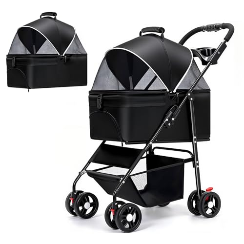 3-in-1 Pet Stroller for Small/Medium Dogs Cats,4 Wheels,Detachable Carrier Basket,Breathable Mesh,Storage Basket,Cup Holder,Weather Cover,Black (Black)