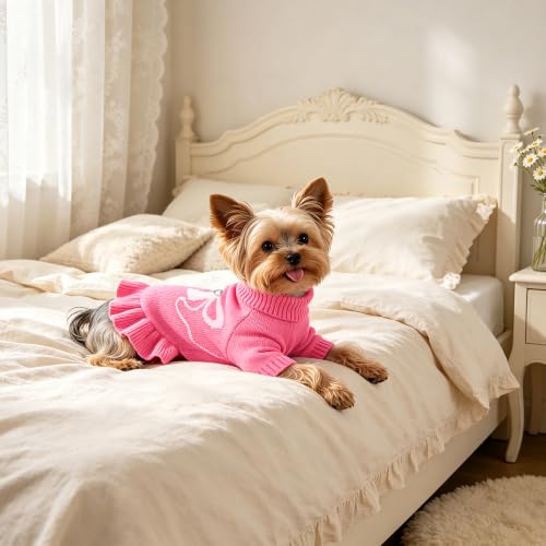 Bowknot Dog Sweater Dress for Small Dogs Girl (Large (14-21lbs) / Rose Pink)