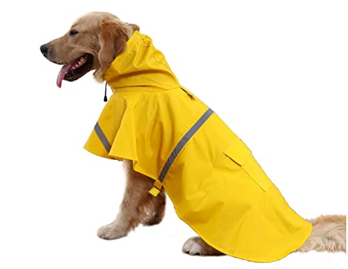 Large Dog Raincoat Adjustable Pet Waterproof Clothes Lightweight Rain Jacket Poncho Hoodies with Strip Reflective (Yellow / XXL)