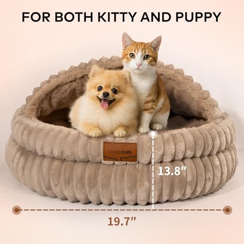 Cat Cave Bed for Indoor Cats Covered Hooded Pet Bed with Cushion (Khaki)