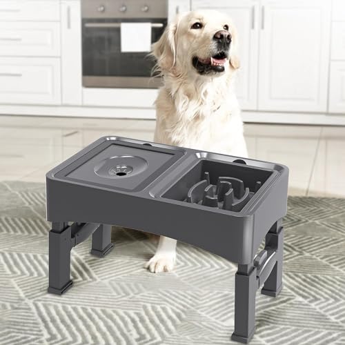 2-in-1 Elevated Dog Bowls Set with 4 Height Adjustable Stand, Gray (A-Water Bowl+Slow Feeder (Grey))
