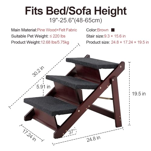 Wooden Pet Stairs (3 Steps – For Sofas & Low Beds (18–26 in) / 24.8" L x 17.2" W x 19.5" H)