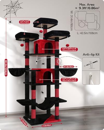 Big XXL Gothic Cat Tower for Indoor Multiple Cats (Black Red / 80inch)