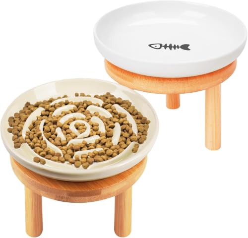 Shallow Elevated Cat Bowls with Bamboo Stand (white apricot)