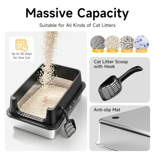XL Open Top Stainless Steel Litter Box with High Sides (Black-1Pack)