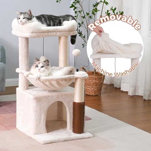Cat Tree 32” Small Cat Tower with Large Hammock 16”& Self Groomer (Medium-32" / Beige)