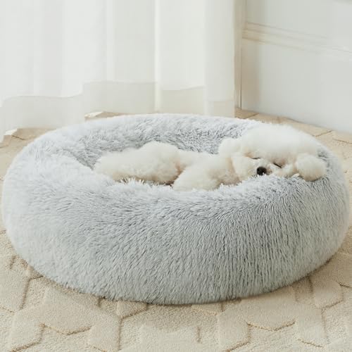 Small Round Calming Dog Bed Cat Bed for Comfy Sleep (20"L x 20"W x 8"Th / light grey)